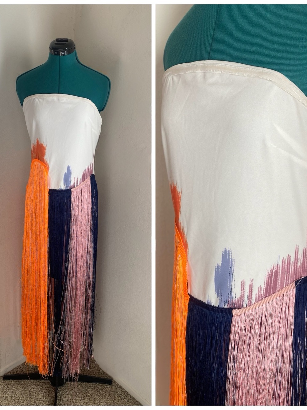Multi-Colored Strapless White Fringe Midi Dress with Neon Orange & Navy M